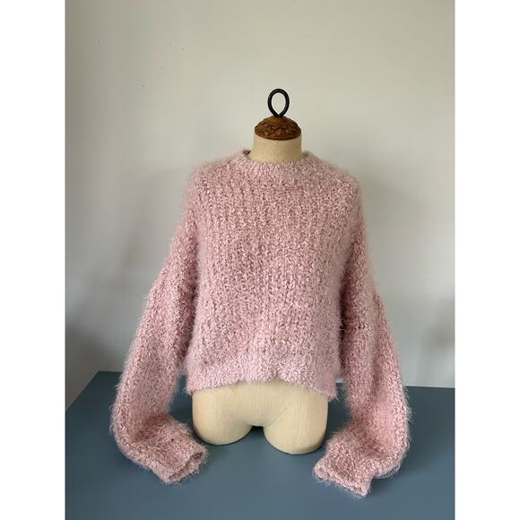 Oak + Fort womens pink fuzzy sweater size S cropped long bell sleeves - Picture 1 of 9